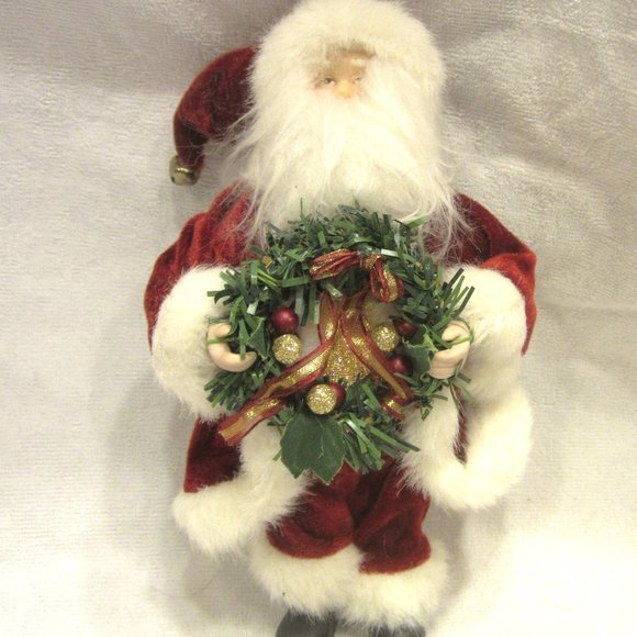 VTG SANTA ORNAMENT, LARGE, DRESSED IN RED W/FAUX FUR TRIM HOLDING A WREATH - Picture 1 of 6